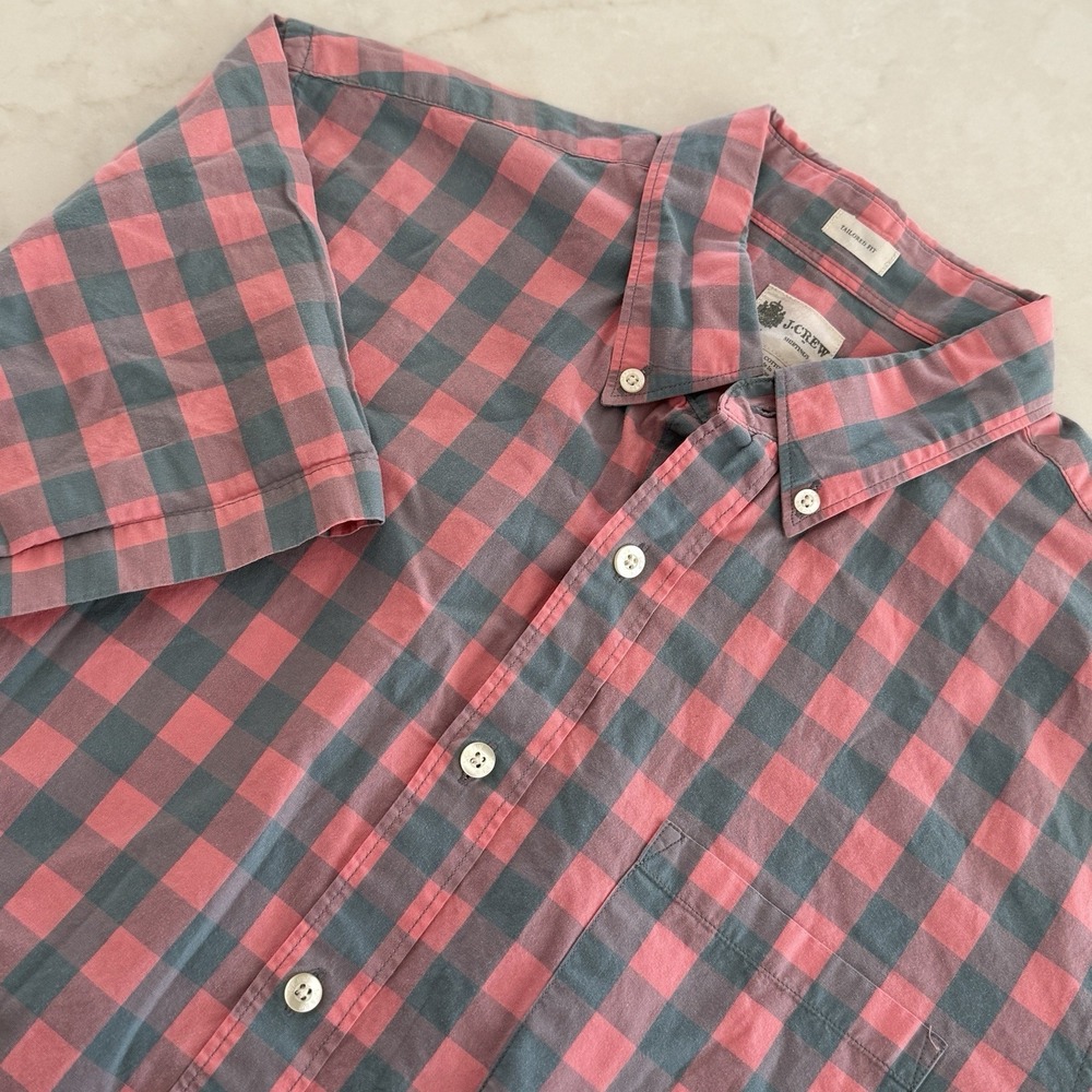 J.Crew Red/Grey Check Short Sleeve Mens Shirt 100% Cotton Tailored Fit MED